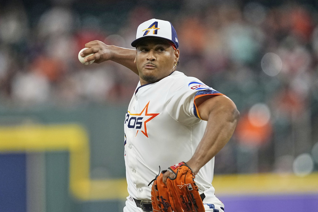 Houston Astros starting pitcher Luis Garcia throws against the Los Angeles Angels during the first inning of a baseball game Monday, Sept. 1, 2025, in Houston. (AP Photo/David J. Phillip)
