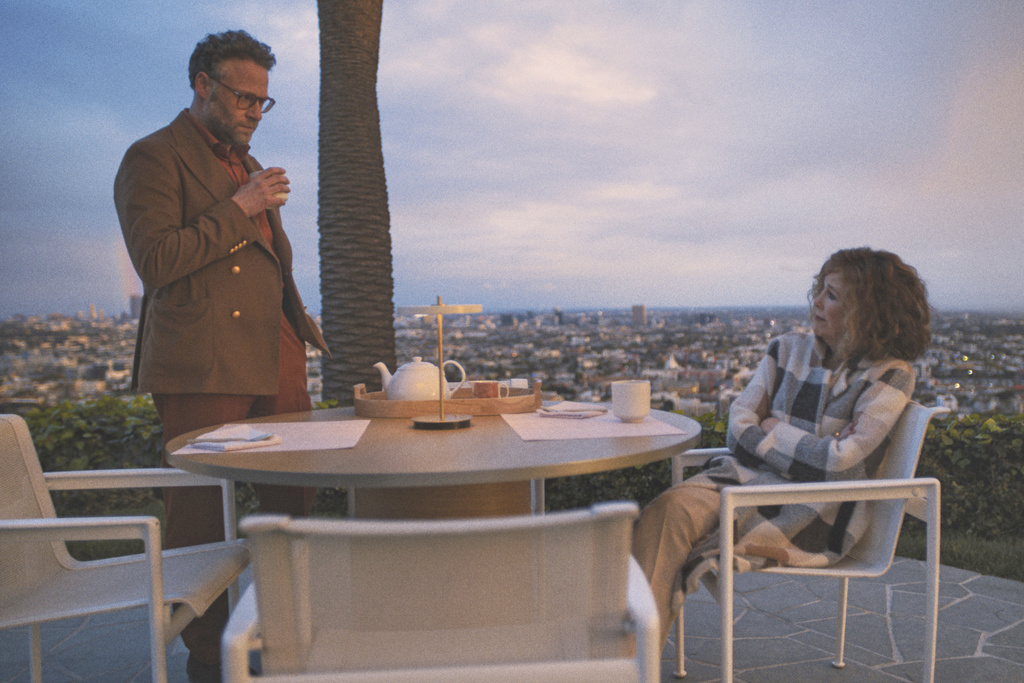 This image released by Apple TV+ shows Seth Rogen, left, and Catherine O'Hara in a scene from "The Studio." (Apple TV+ via AP)