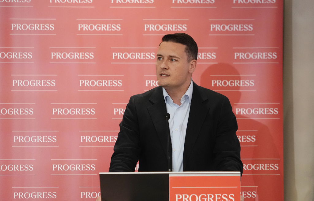 Wes Streeting speaks at the Progress Conference at Convene in London, Saturday May 16, 2026. (Jeff Moore/PA via AP)
