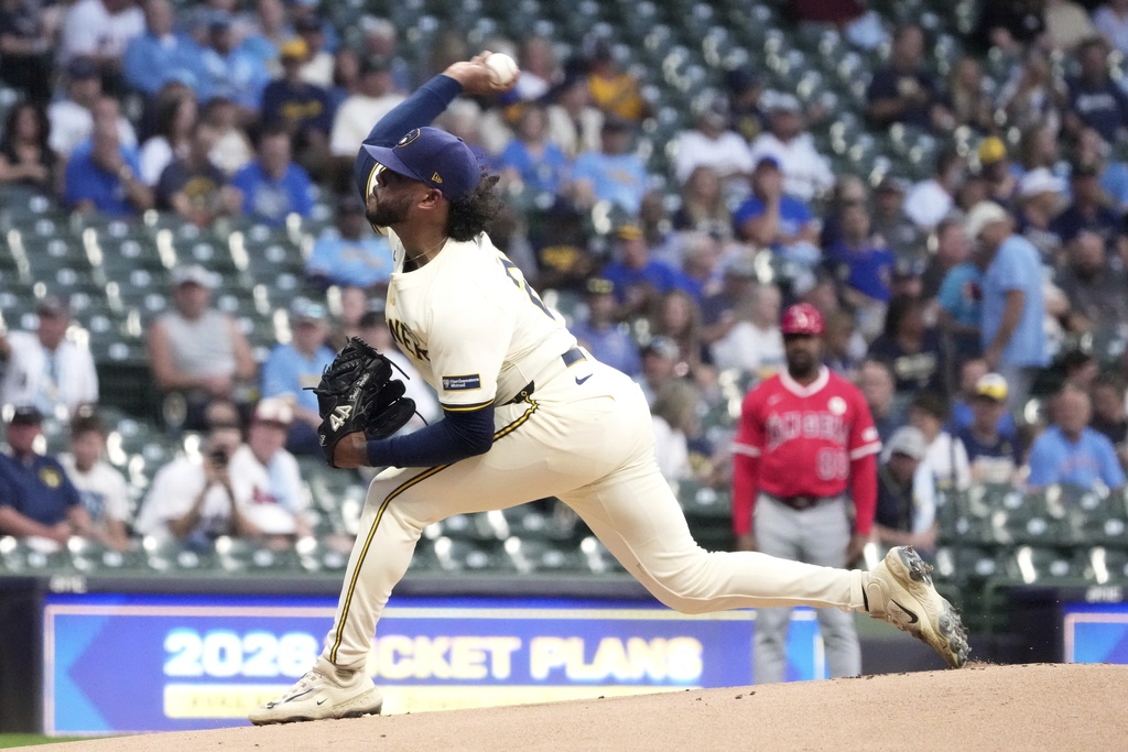 Milwaukee Brewers' Freddy Peralta throws during the first inning of a baseball game against the Los Angeles Angels Tuesday, Sept. 16, 2025, in Milwaukee. (AP Photo/Morry Gash)