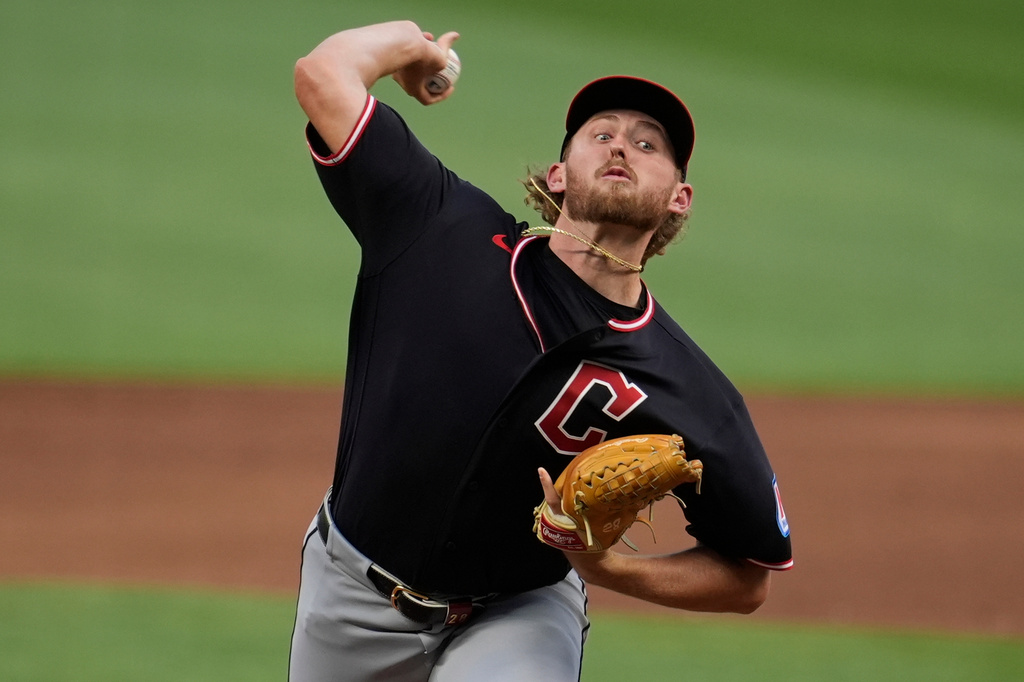 Cleveland Guardians pitcher Tanner Bibee (28) works against the Atlanta Braves in the first inning of a baseball game, Sunday, April 12, 2026, in Atlanta. (AP Photo/Mike Stewart)