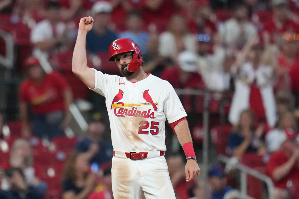 St. Louis Cardinals' Thomas Saggese celebrates after hitting an RBI triple during the fifth inning of a baseball game against Texas Rangers Wednesday, June 3, 2026, in St. Louis. (AP Photo/Jeff Roberson)