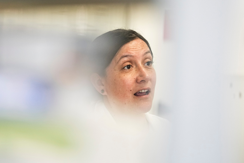 María Inés Barría, a virologist at the Universidad San Sebastián, gives an interview at the university, in Santiago, Chile, Wednesday, May 20, 2026. (AP Photo/Esteban Felix)