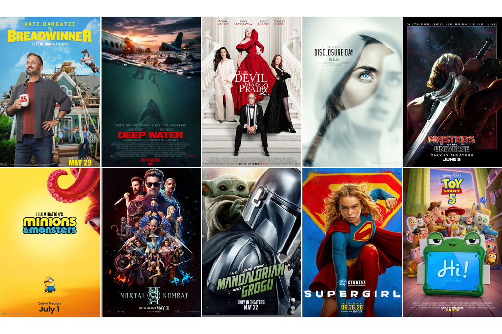 This combination of images shows promotional art for the films, top row from left, "The Breadwinner," "Deep Water," "The Devil Wears Prada 2," "Disclosure Day," "Masters of the Universe," bottom row from left, "Minions & Monsters," "Mortal Kombat II," "The Mandalorian and Grogu," "Supergirl," and "Toy Story 5." (Sony/Magenta Light Studios/20th Century Studios/Universal Pictures/MGM/Universal/Warner Bros. Pictures/Disney/Warner Bros. Pictures/Disney-Pixar)