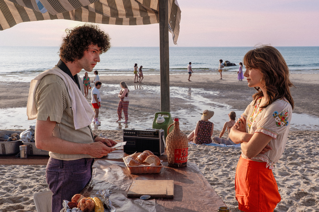 This image released by A24 shows Dominic Sessa, left, and Emilia Jones in a scene from "Tony." (A24 via AP)
