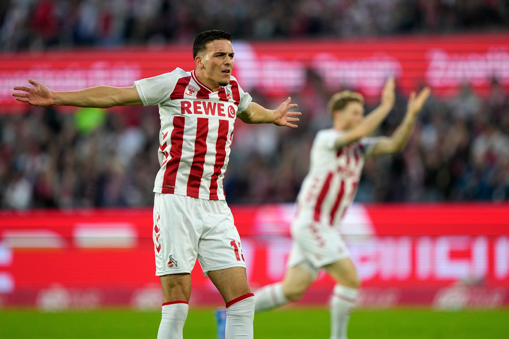 Cologne's Said El Mala reacts during the German Bundesliga soccer match between Cologne and Stuttgart in Cologne, Germany, Sunday, Sept. 28, 2025. (AP Photo/Martin Meissner)