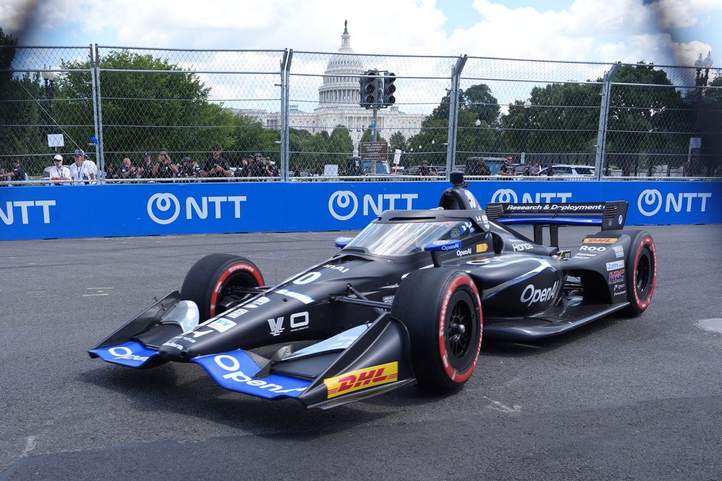 The car of Alex Palou (10) of Spain sits on the track before the IndyCar Freedom 250 Grand Prix auto race in Washington, Sunday, Aug. 23, 2026. (AP Photo/Alex Brandon)