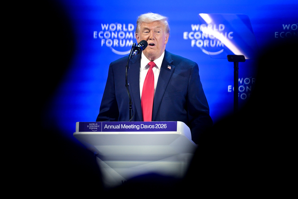 President Donald Trump speaks during the 56th annual meeting of the World Economic Forum, WEF, in Davos, Switzerland, Wednesday, Jan. 21, 2026. (Gian Ehrenzeller/Keystone via AP)
