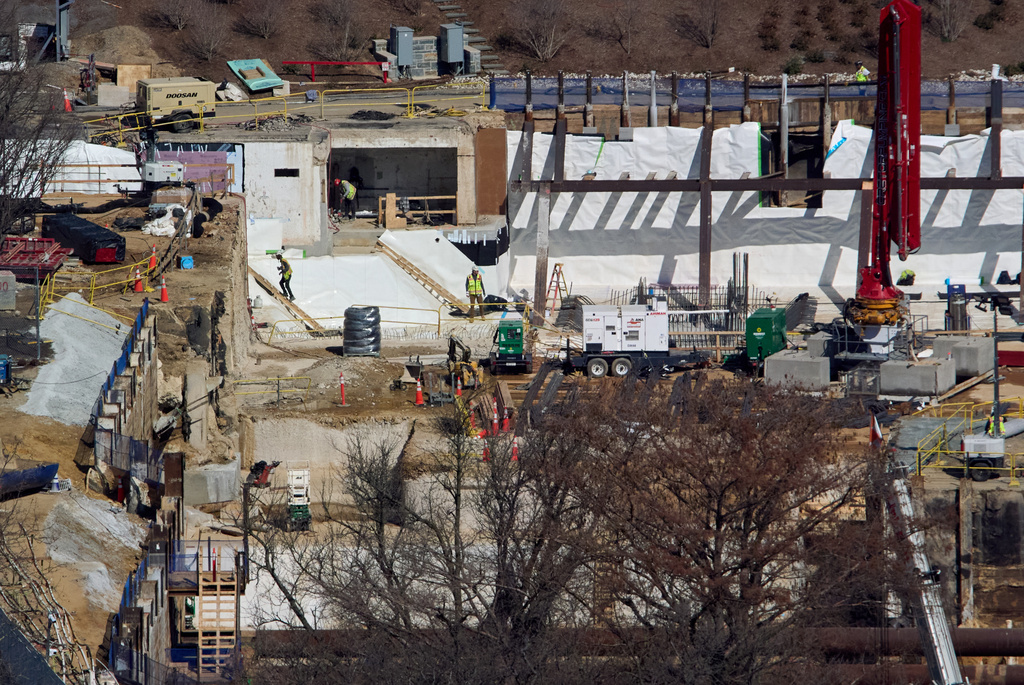 As seen from the Washington Monument, construction of the White House ballroom continues, Tuesday, March 10, 2026, where the East Wing once stood. (AP Photo/Jacquelyn Martin)