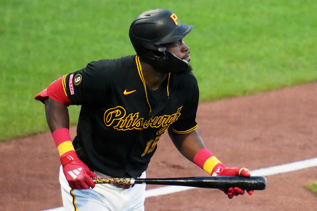 Pittsburgh Pirates' Oneil Cruz watches his two-run home run off Detroit Tigers pitcher Keider Montero during the fifth inning of a baseball game in Pittsburgh, Tuesday, Aug. 18, 2026. (AP Photo/Gene J. Puskar)
