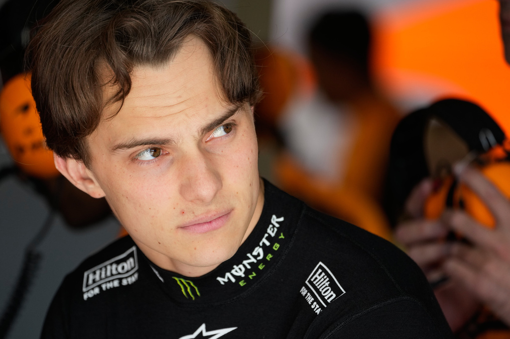 McLaren driver Oscar Piastri of Australia concentrates during the third free practice ahead of Sunday's Formula One Hungarian Grand Prix auto race, at the Hungaroring racetrack in Mogyorod, near Budapest, Hungary, Saturday, July 25, 2026. (AP Photo/Darko Bandic)