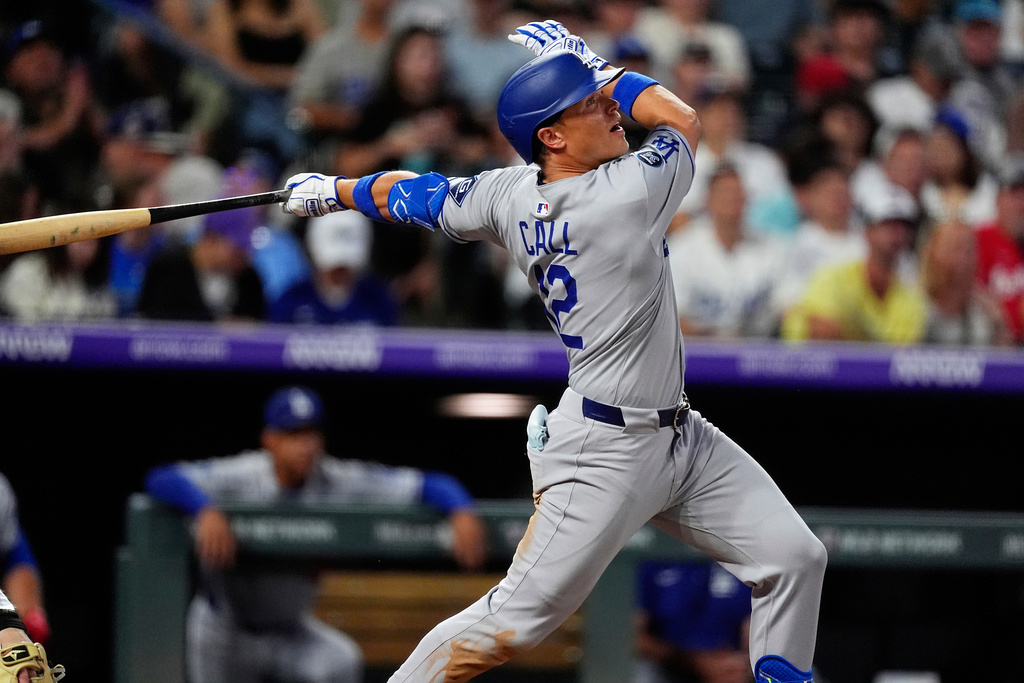 Los Angeles Dodgers' Alex Call doubles off Colorado Rockies relief pitcher Anthony Molina in the fifth inning of a baseball game Tuesday, Aug. 19, 2025, in Denver. (AP Photo/David Zalubowski)
