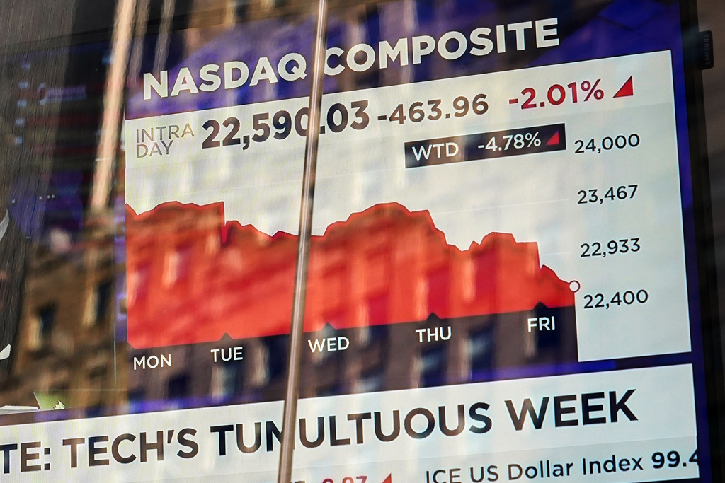 A television screen is displayed in the window of the Nasdaq MarketSite, in New York's Times Square, Friday, Nov. 7, 2025. (AP Photo/Richard Drew)