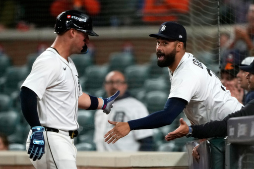 Detroit Tigers' Spencer Torkelson, left, is congratulated by teammate Riley Greene after scoring during the ninth inning in Game 3 of baseball's American League Division Series against the Seattle Mariners Tuesday, Oct. 7, 2025, in Detroit. (AP Photo/Ryan Sun) Detroit Tigers' Spencer Torkelson, left, is congratulated by teammate Riley Greene after scoring during the ninth inning in Game 3 of baseball's American League Division Series against the Seattle Mariners Tuesday, Oct. 7, 2025, in Detroit. (AP Photo/Ryan Sun)