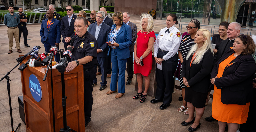 Toledo Police Chief Michael Troendle speaks during a news conference about the shooting at the Old West End Festival Tuesday, June 9, 2026, at One Government Center in Toledo, Ohio. (Jeremy Wadsworth/The Blade via AP)
