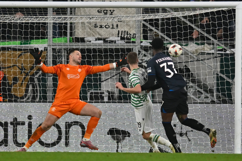 Ferencvaros' Barnabas Varga scores during the Europa League opening phase soccer match between Ferencvaros and Rangers in Budapest, Hungary, Thursday, Dec. 11, 2025. (AP Photo/Denes Erdos)