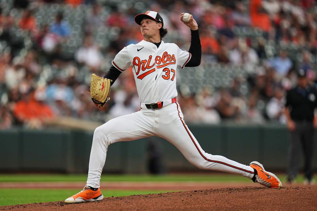 Baltimore Orioles starting pitcher Cade Povich (37) delivers during the second inning of a baseball game against the Los Angeles Angels, Tuesday, Aug. 4, 2026, in Baltimore. (AP Photo/Stephanie Scarbrough)