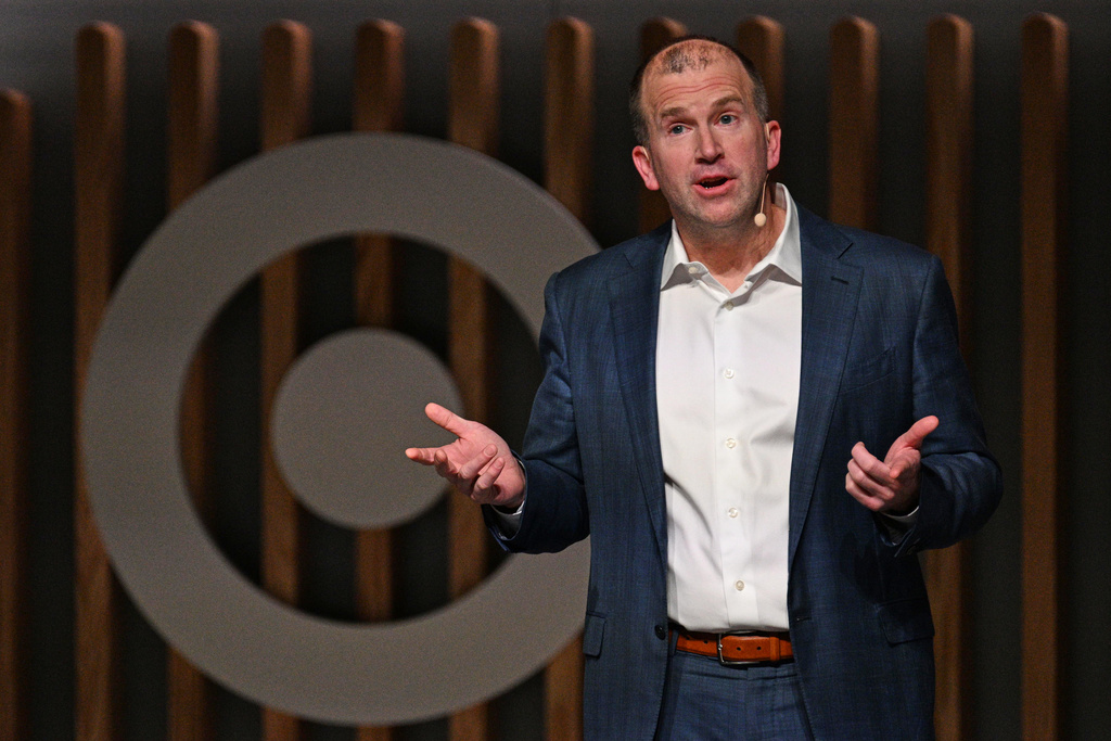 Target CEO Michael Fiddelke speaks at Target's Financial Community Meeting at Target headquarters in Minneapolis, Tuesday, March 3, 2026. (AP Photo/Tom Baker)