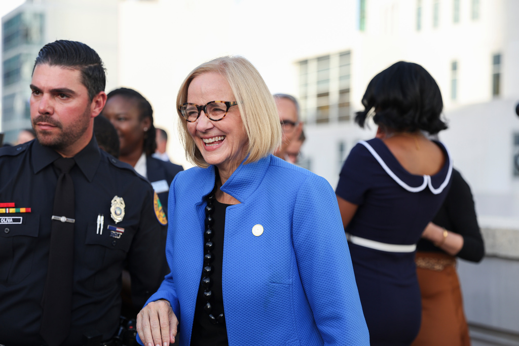 Miami Mayor Eileen Higgins attends a reception following her installation ceremony, Thursday, Dec. 18, 2025, in Miami. (AP Photo/Alexandra Rodriguez)