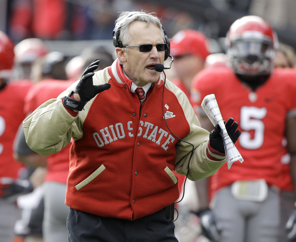 FILE - In this Nov. 27, 2010, file photo, Ohio State head coach Jim Tressel yells to a referee during second quarter action against Michigan in an NCAA college football game in Columbus, Ohio. (AP Photo/Amy Sancetta, File)