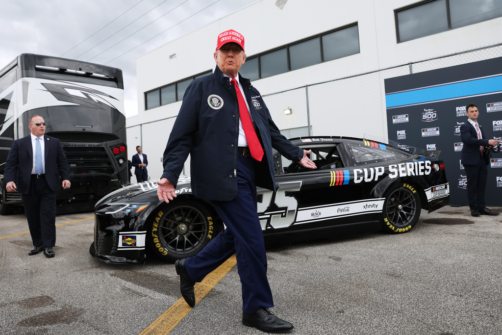 FILE - President Donald Trump attends the NASCAR Daytona 500 auto race at Daytona International Speedway, Feb. 16, 2025, in Daytona Beach, Fla. (Pool via AP, File)