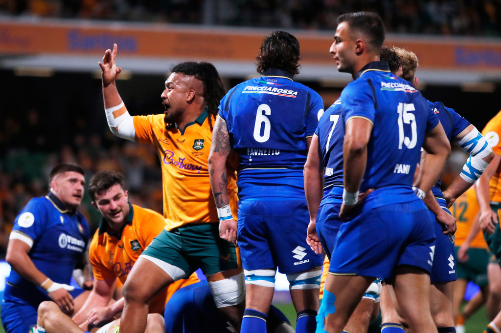 Australia's Brandon Paenga-Amosa, third left, celebrates scoring a try against Italy during their Nations Championship rugby international test match in Perth, Australia, Saturday, July 18, 2026. (AP Photo/Gary Day)
