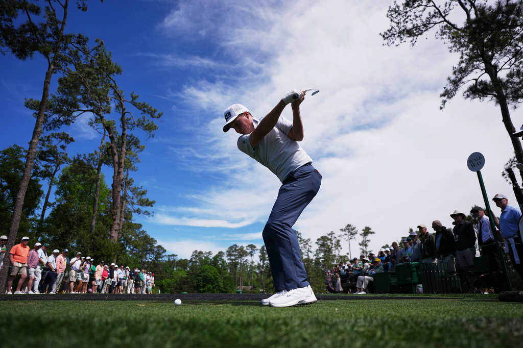 Matt McCarty hits his tee shot on the sixth hole during a practice round ahead of the Masters golf tournament at the Augusta National Golf Club, Tuesday, April 7, 2026, in Augusta, Ga. (AP Photo/Matt Slocum)