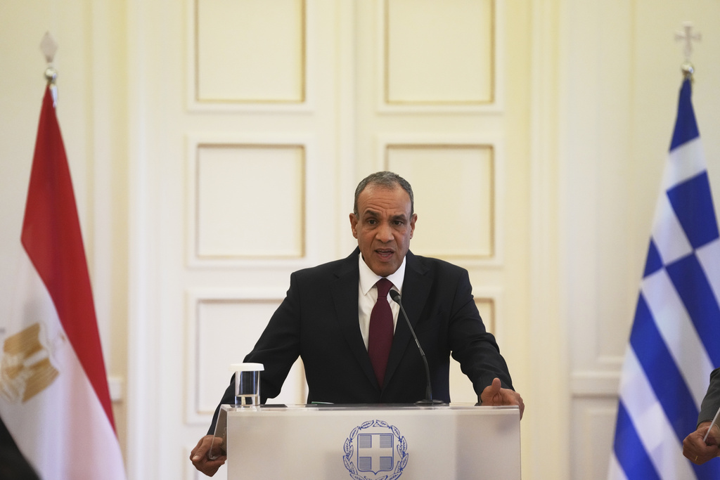 Egyptian Foreign Minister Badr Abdelatty speaks to reporters with his Greek counterpart George Gerapetritis after their meeting in Athens, Greece, Wednesday, Aug. 6, 2025. (AP Photo/Thanassis Stavrakis)