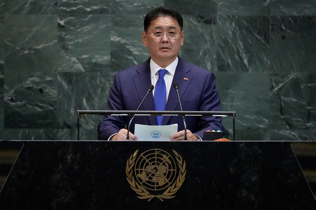 President of Mongolia, Khurelsukh Ukhnaa, addresses the 80th session of the United Nations General Assembly, Tuesday, Sept. 23, 2025, at U.N. headquarters. (AP Photo/Pamela Smith)