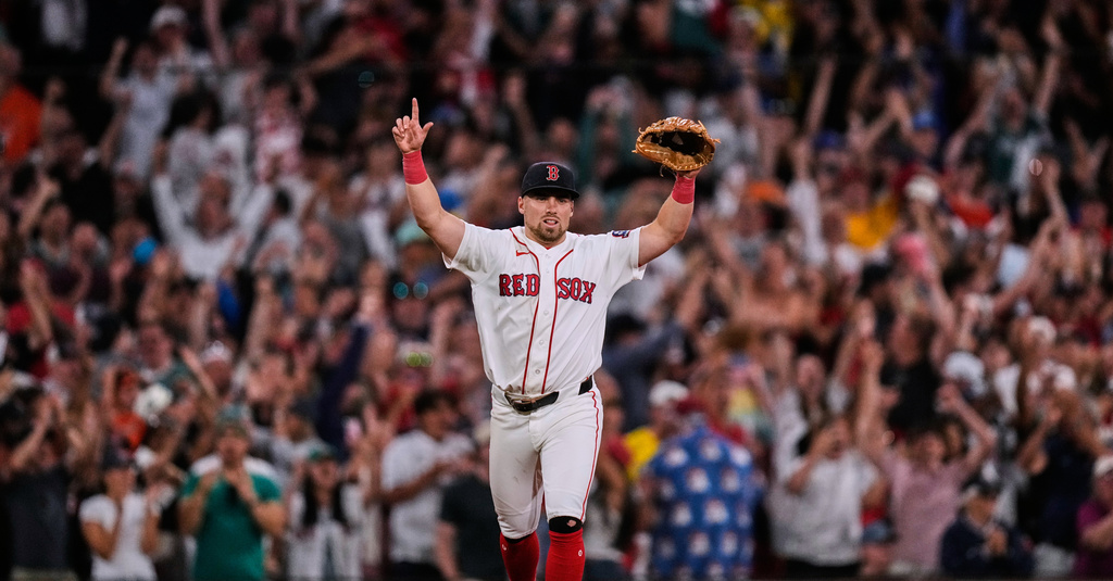 Boston Red Sox's Caleb Durbin celebrates after defeating the Baltimore Orioles following a baseball game, Monday, July 20, 2026, in Boston. (AP Photo/Charles Krupa)