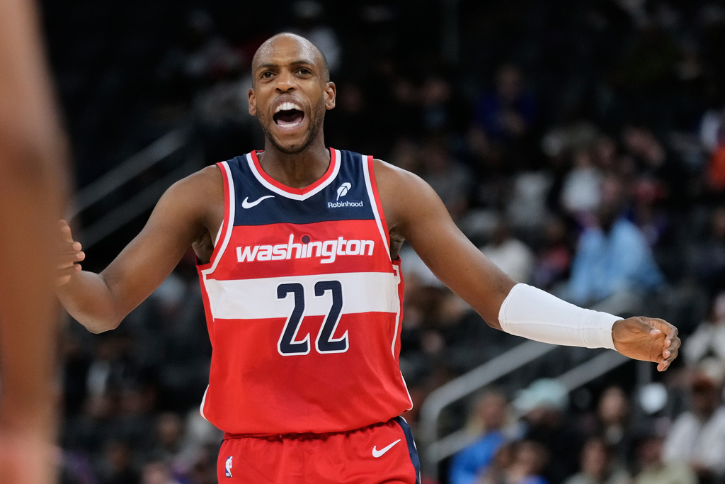 Washington Wizards forward Khris Middleton reacts during the first half of a preseason NBA basketball game against the Detroit Pistons Thursday, Oct. 16, 2025, in Detroit. (AP Photo/Ryan Sun)BKN