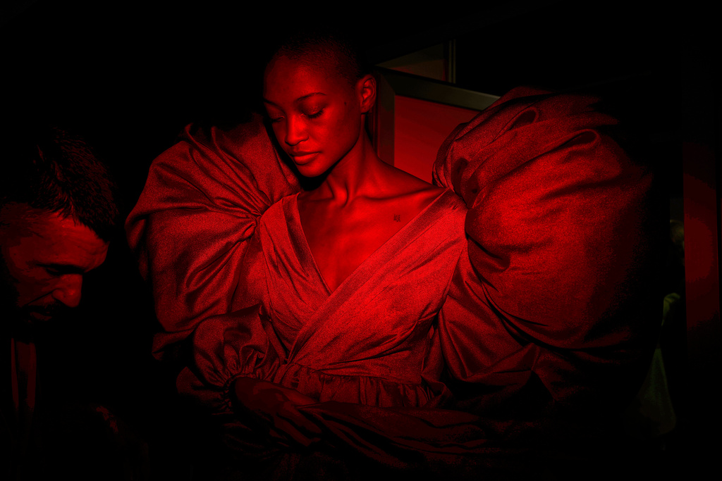 A model wears a design by De La Cierva y Nicolas backstage during Fashion Week in Madrid, Spain, Sept. 19, 2025. (AP Photo/Manu Fernandez, File)