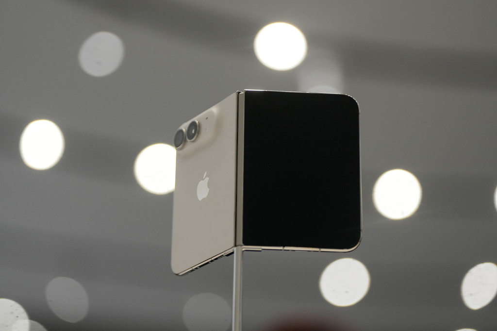 The iPhone Duo is displayed during an announcement of new products on Wednesday, Sept. 9, 2026, on the Apple campus in Cupertino, Calif. (AP Photo/Jeff Chiu)