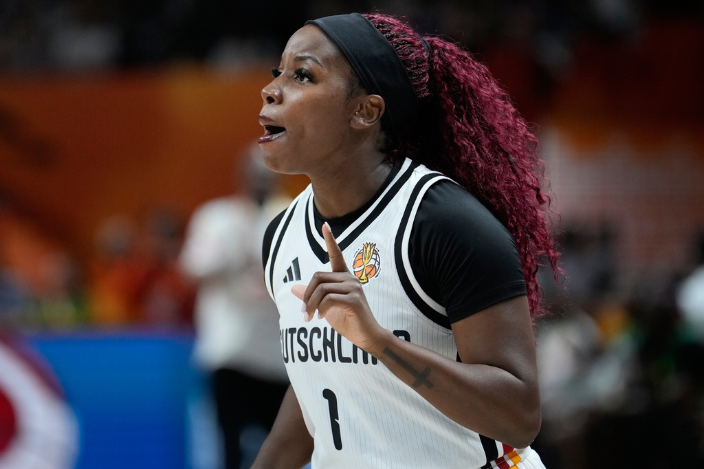 Germany's Alexis Peterson reacts during the Women's Basketball World Cup match between the Germany and Mali in Berlin, Monday, Sept. 7, 2026. (AP Photo/Ebrahim Noroozi)