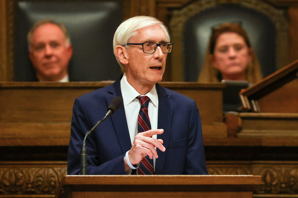 FILE - Wisconsin Gov. Tony Evers delivers his State of the State address at the Wisconsin State Capitol, Feb. 17, 2026, in Madison, Wis. (Owen Ziliak/Wisconsin State Journal via AP, File)