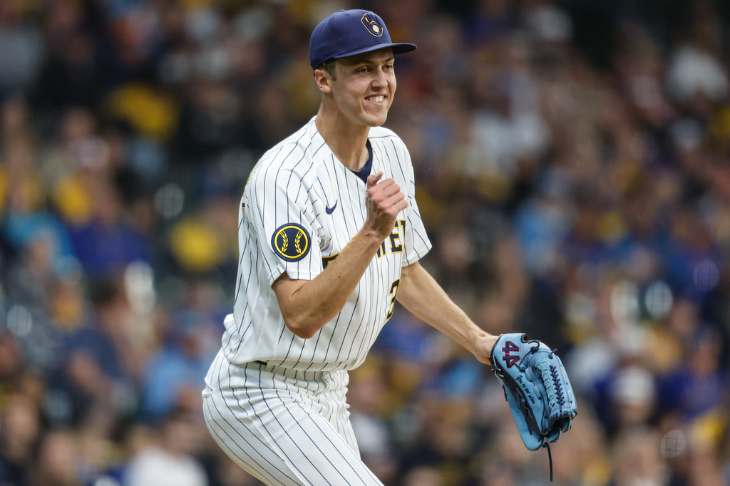 Milwaukee Brewers pitcher Jacob Misiorowski (32) reacts after striking out a Pittsburgh Pirates batter in the third inning of a baseball game Saturday, April 25, 2026, in Milwaukee. (AP Photo/Jeffrey Phelps)