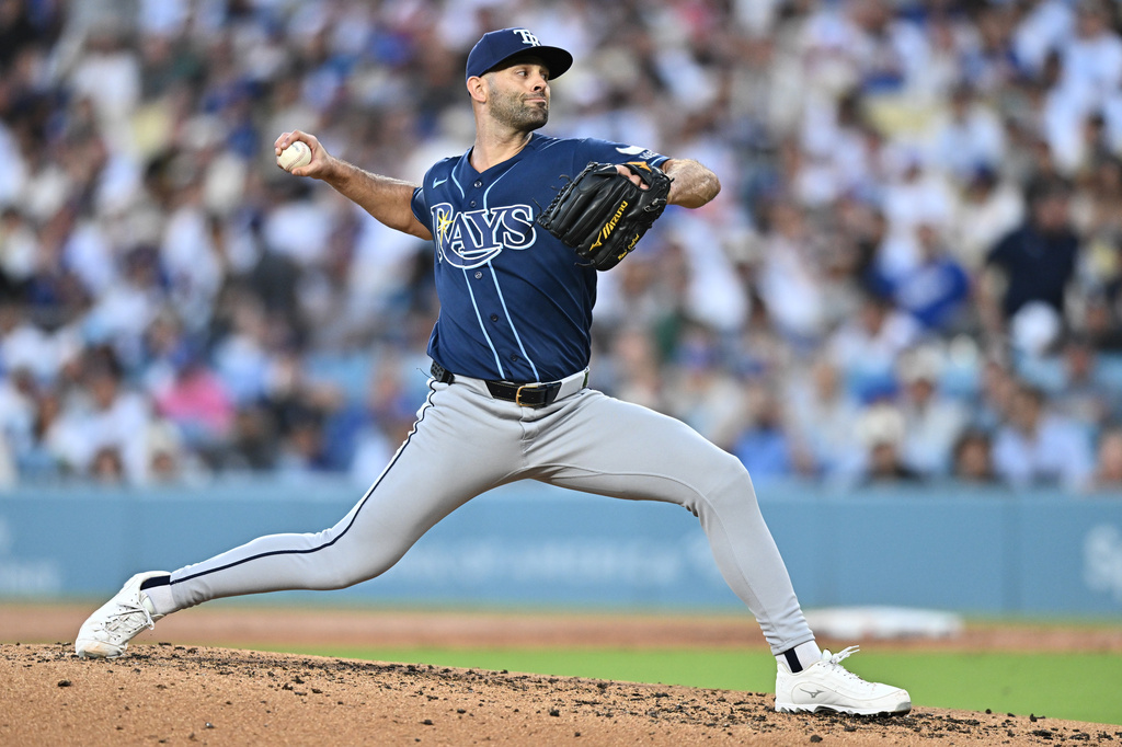 Tampa Bay Rays pitcher Nick Martinez delivers during the second inning of a baseball game against the Los Angeles Dodgers, Monday, June 15, 2026, in Los Angeles. (AP Photo/William Liang)