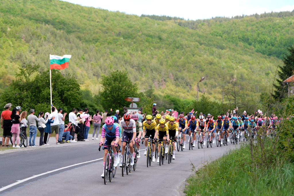 The pack rides during the third stage of the Giro d'Italia cycling race, from Plovdiv to Sofia, Bulgaria, Sunday, May 10, 2026. (Fabio Ferrari/LaPresse via AP)