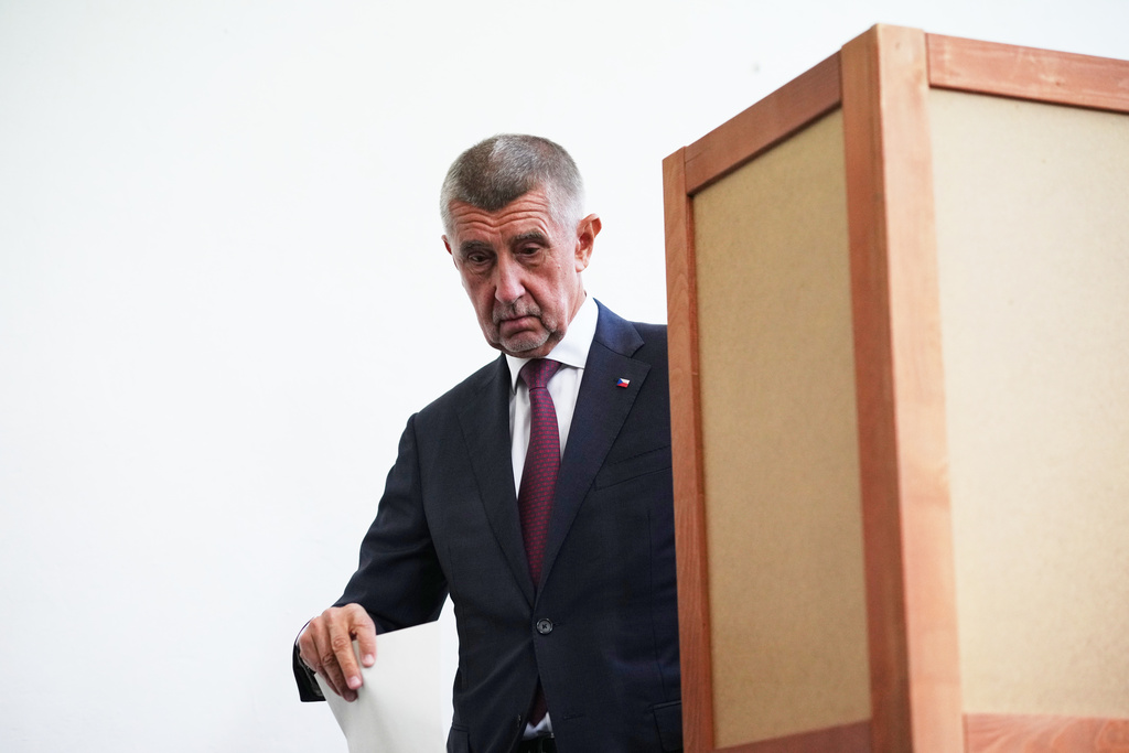 Chairman of opposition "ANO" (YES) movement Andrej Babis prepares to casts his ballot for a general election at a polling station in Ostrava, Czech Republic, Friday, Oct. 3, 2025. (AP Photo/Petr David Josek)