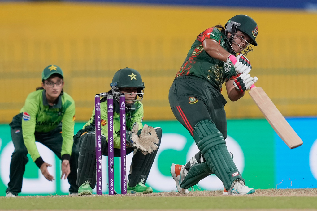 Bangladesh's Rubya Haider plays a shot during the ICC Women's Cricket World Cup match between Bangladesh and Pakistan in Colombo, Sri Lanka, Thursday, Oct. 2, 2025.(AP Photo/Eranga Jayawardena)