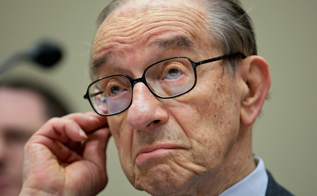 FILE - Former Federal Reserve Chairman Alan Greenspan testifies on Capitol Hill in Washington, Wednesday, April 7, 2010, before the Financial Crisis Inquiry Commission (FCIC) hearing examining the causes of the collapse of major financial institutions caused by subprime lending. (AP Photo/J. Scott Applewhite, file)