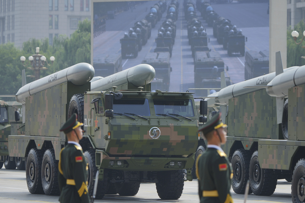 Military equipment passes during the military parade to commemorate the 80th anniversary of Japan's World War II surrender held in front of Tiananmen Gate in Beijing, Wednesday, Sept. 3, 2025. (AP Photo/Andy Wong)