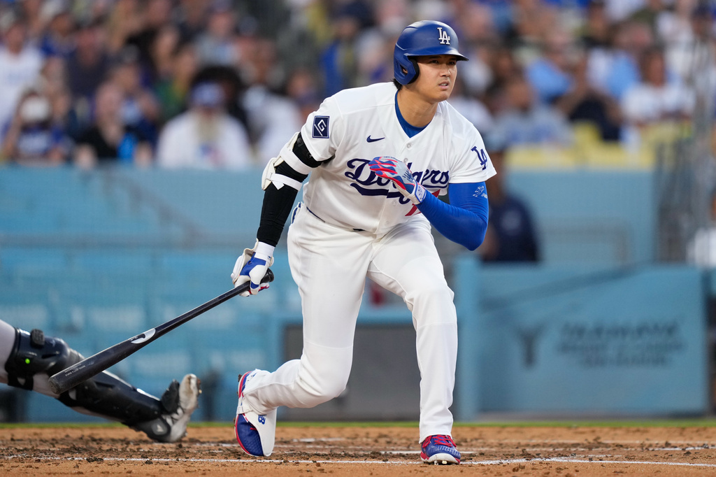 Los Angeles Dodgers' Shohei Ohtani watches a foul ball go out during the third inning of a baseball game against the Colorado Rockies, Tuesday, July 7, 2026, in Los Angeles. (AP Photo/Mark J. Terrill)