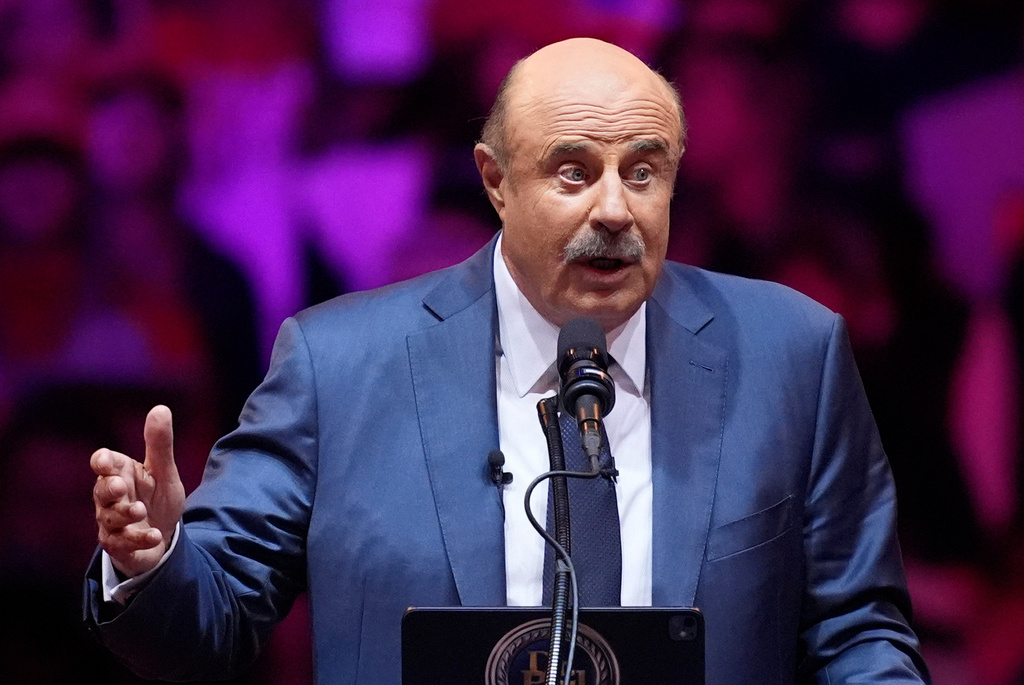 FILE - Dr. Phil speaks before Republican presidential nominee former President Donald Trump at a campaign rally at Madison Square Garden, Oct. 27, 2024, in New York. (AP Photo/Evan Vucci, File)