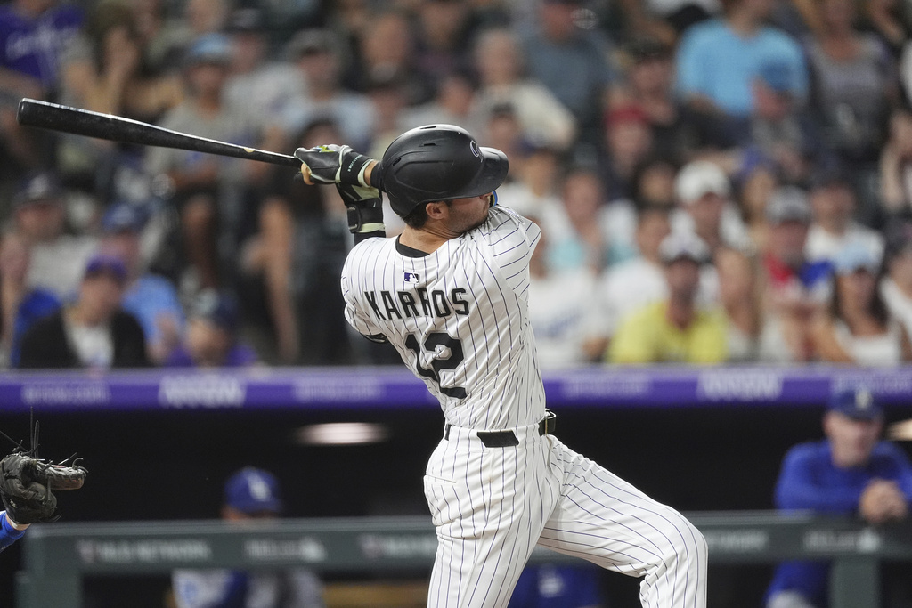 Colorado Rockies' Kyle Karros follows the flight of his two-run home run off Los Angeles Dodgers starting pitcher Emmet Sheehan in the sixth inning of a baseball game Tuesday, Aug. 19, 2025, in Denver. (AP Photo/David Zalubowski)