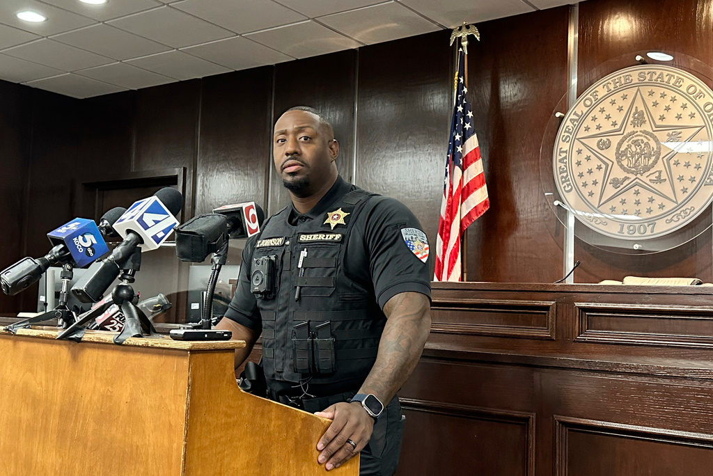 Oklahoma County Sheriff Tommie Johnson speaks to reporters on Wednesday, Sept. 17, 2025 at the Oklahoma County courthouse in Oklahoma City. (AP Photo/Sean Murphy)