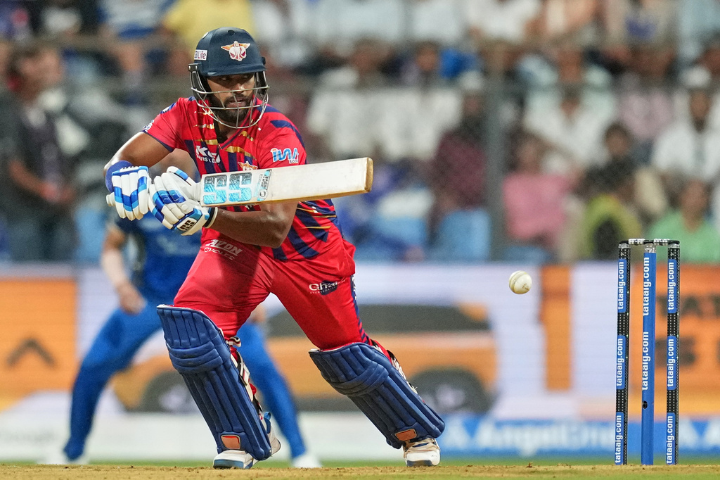 Lucknow Super Giants' Nicholas Pooran plays a shot during the Indian Premier League cricket match between Mumbai Indians and Lucknow Super Giants in Mumbai, India, Monday, May 4, 2026.(AP Photo/Rafiq Maqbool)