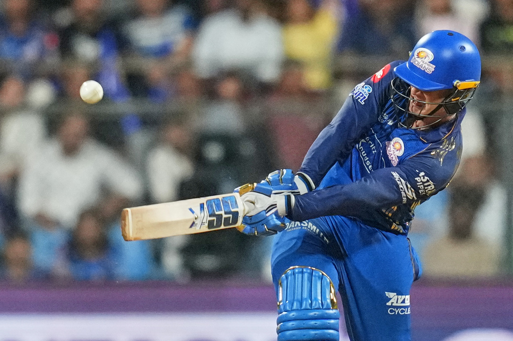 Mumbai Indians' Ryan Rickelton hits a six during the Indian Premier League cricket match between Mumbai Indians and Lucknow Super Giants in Mumbai, India, Monday, May 4, 2026.(AP Photo/Rafiq Maqbool)