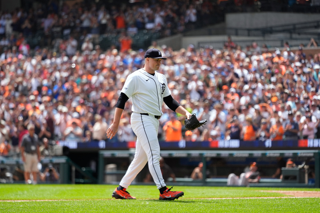 Detroit Tigers pitcher Tarik Skubal walks to the dugout during the seventh inning of a baseball game against the Baltimore Orioles Wednesday, July 29, 2026, in Detroit. (AP Photo/Paul Sancya)