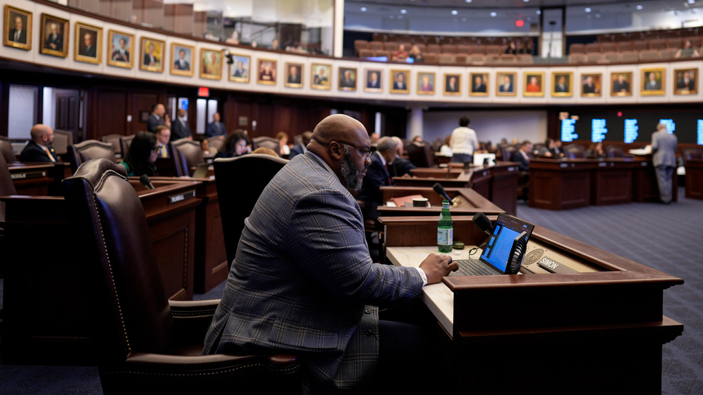 State Sen. Corey Simon, R-Fla., listens to debate on SB 8-D, a redistricting bill, during a special session of the Florida Legislature, Wednesday, April 29, 2026, in Tallahassee, Fla. (AP Photo/Mike Stewart)